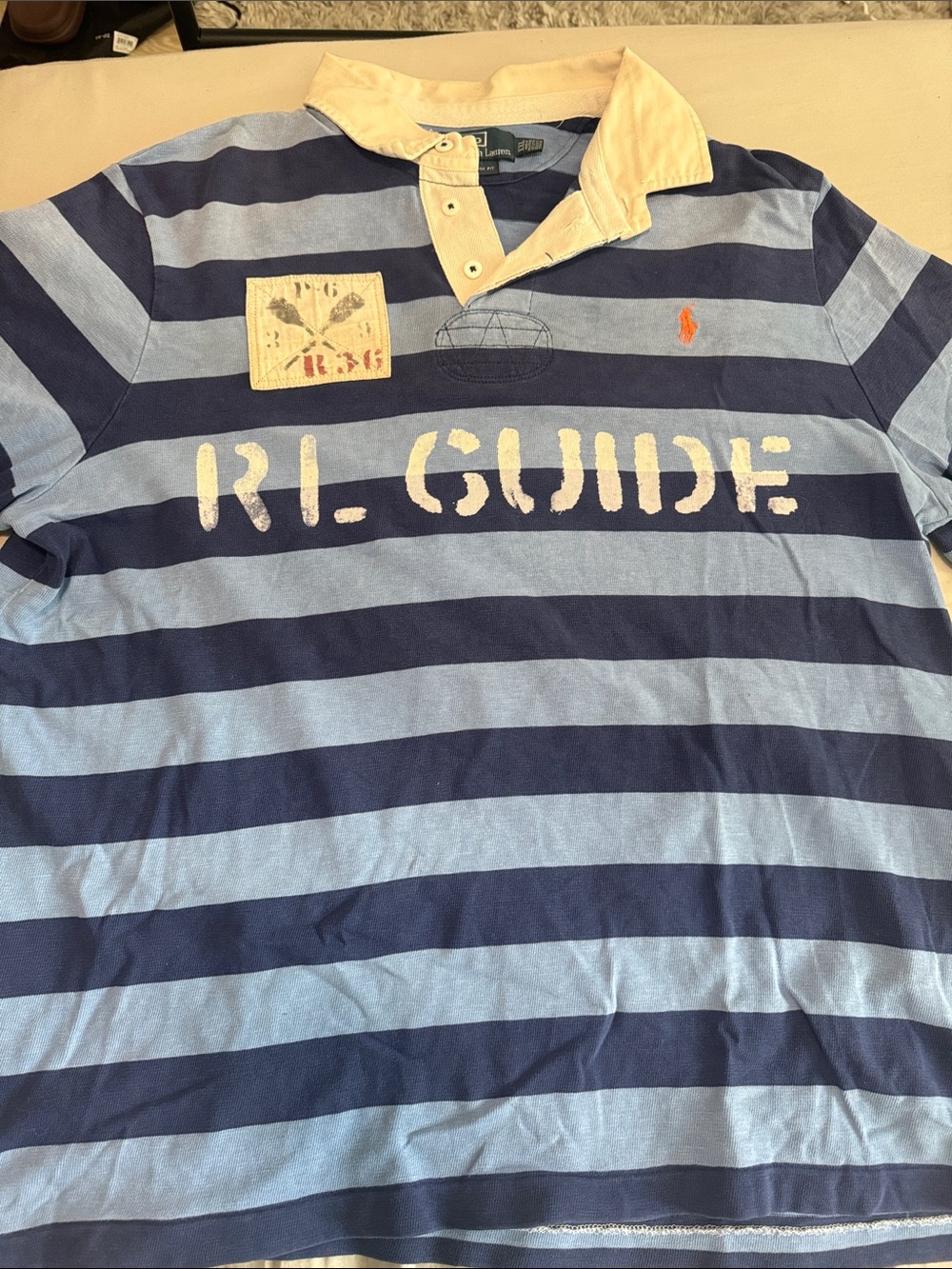 Ralph Lauren Navy and Light Blue Striped Rugby Polo with Cream Collar